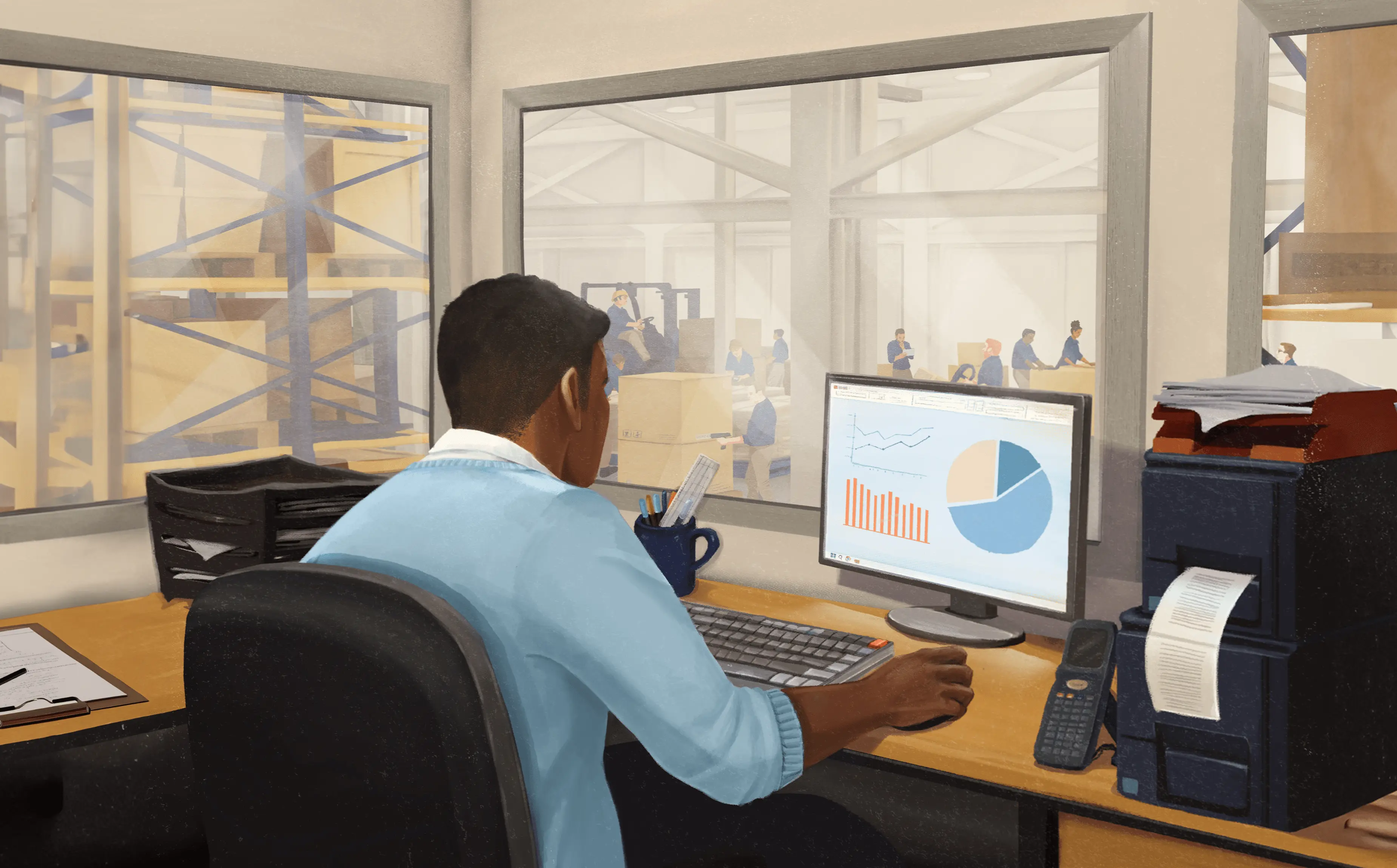 Manager overlooking loading dock operations