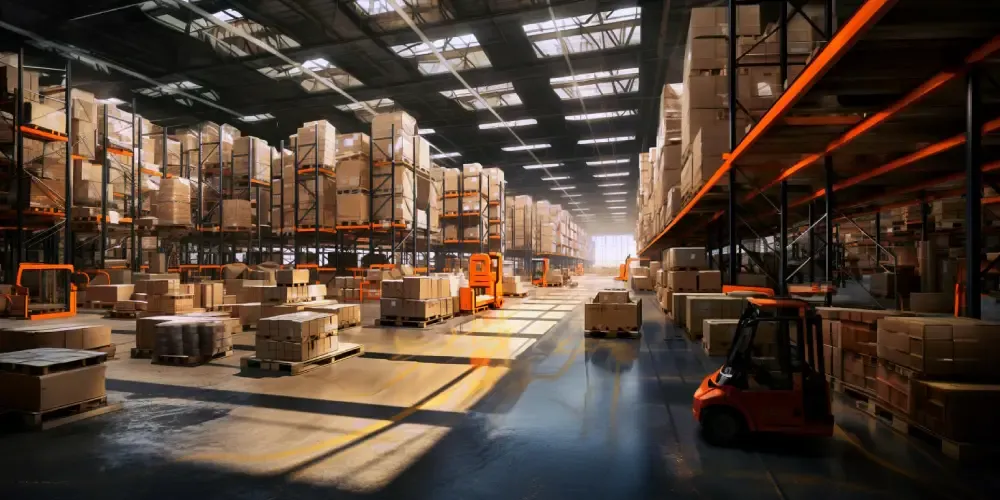 Interior view of a large distribution center or warehouse with high pallet racks and equipment under bright industrial lighting