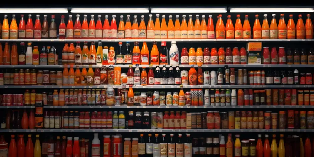 Rows of product bottles organized on warehouse shelving