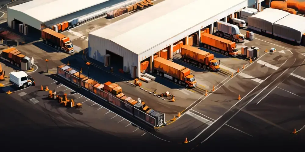 Aerial view of a distribution center dock with multiple semi-trucks loading and unloading at industrial warehouse bays