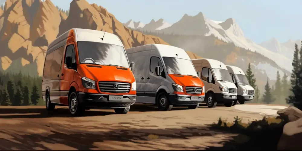 Fleet of delivery vans parked in front of a mountain landscape