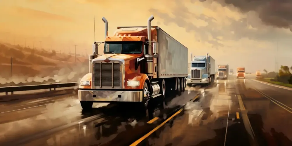 Semi-trucks driving on a wet highway, representing long-haul freight transportation