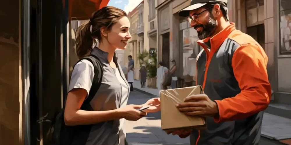 Delivery driver handing a package to a smiling customer on a city street