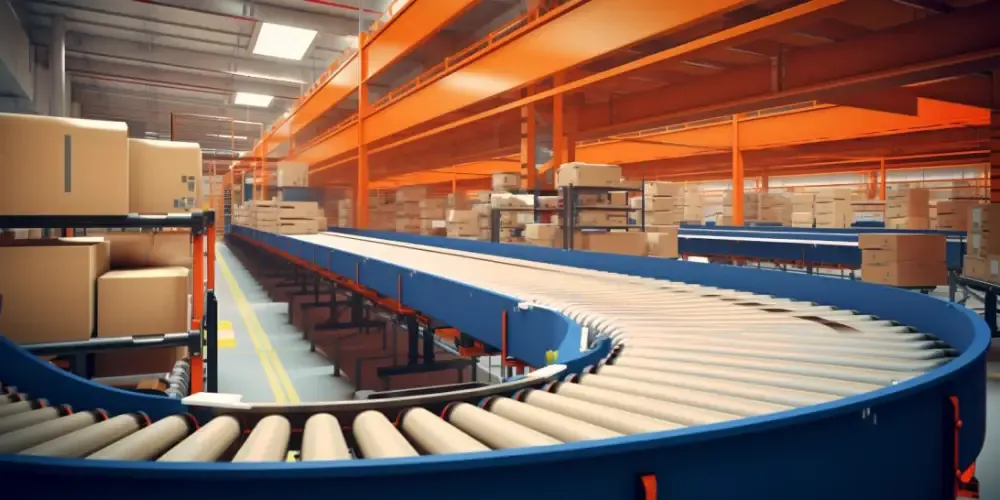 Boxes and tote bins moving on conveyor system beneath orange industrial racking shelves in a distribution center