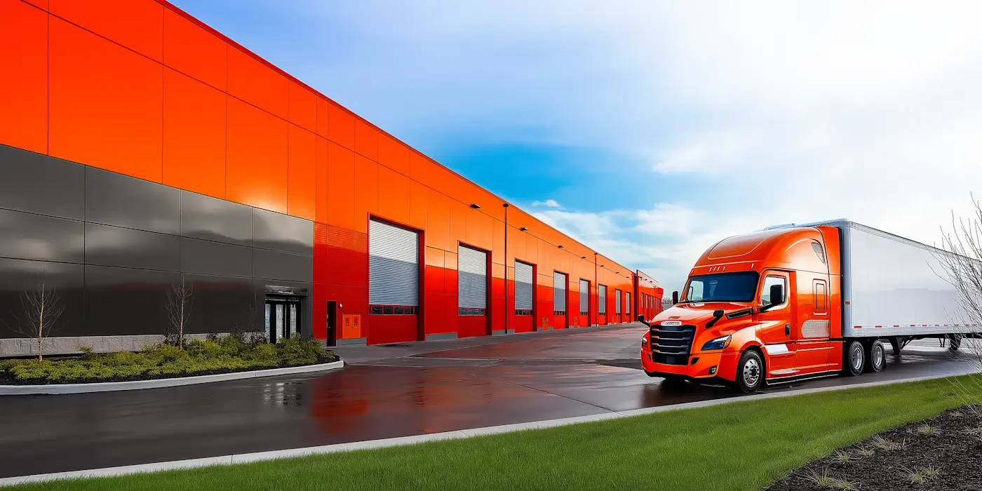 Modern distribution center with bright orange exterior and semi-truck trailer parked outside, showcasing efficient logistics and supply chain infrastructure