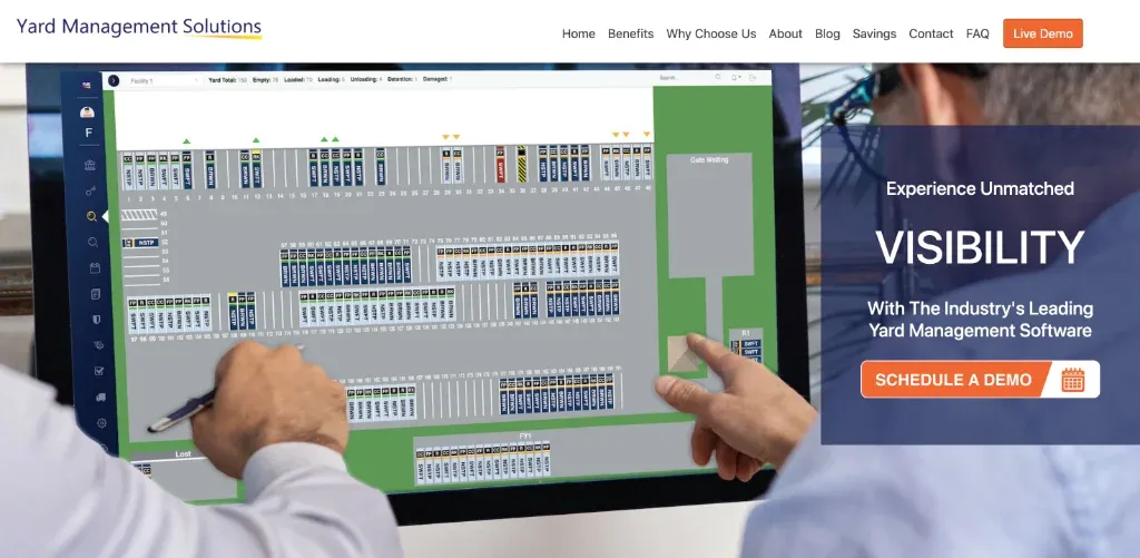 Yard Management Solutions software interface showing Eagle View visual yard map, trailer positions, and gate tracking tools for warehouse and distribution yard operations
