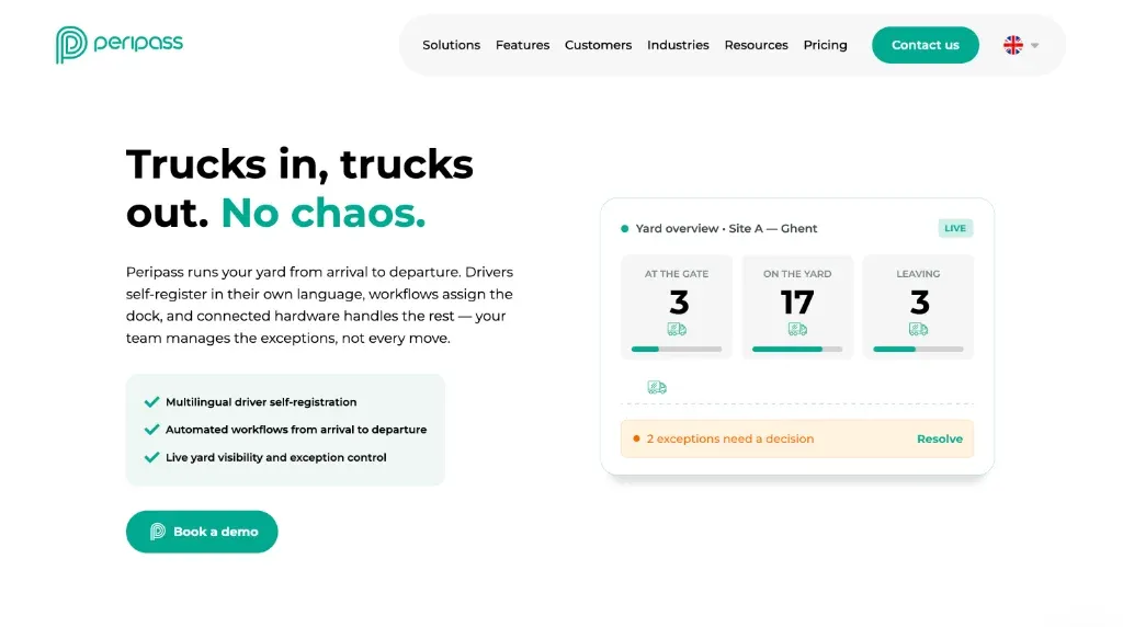 Peripass yard logistics software homepage showcasing gate status overview, live yard visibility, and automated driver self-registration workflows
