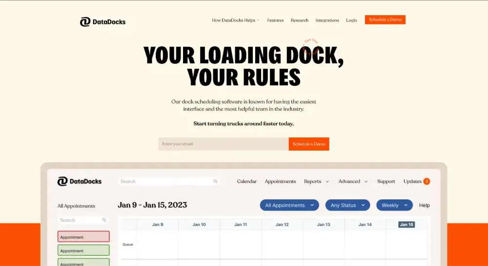 Screenshot of DataDocks dock scheduling software interface with calendar and appointment management tools for loading dock operations