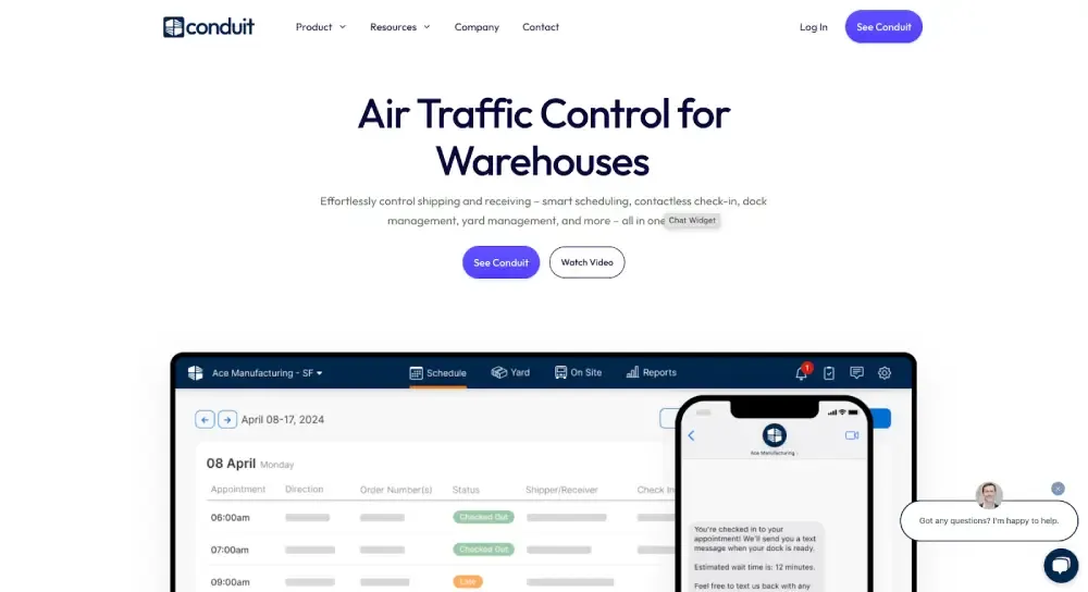 Conduit warehouse management software interface showing smart scheduling, contactless check-in, and dock scheduling tools for streamlined yard operations