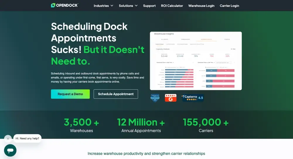 OpenDock dock scheduling software interface highlighting warehouse insights, appointment metrics, and automated carrier booking features for streamlined logistics