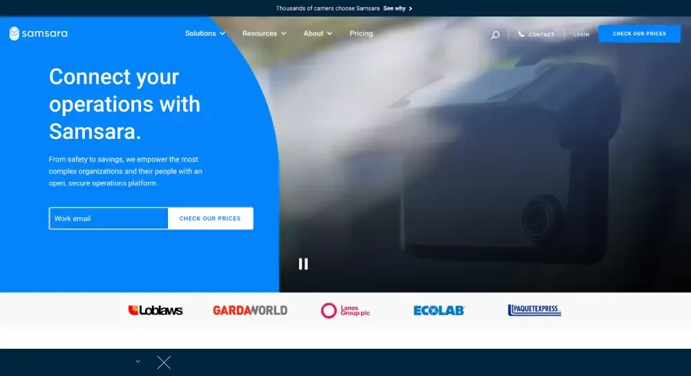 Samsara connected operations platform homepage promoting safety, efficiency, and real-time visibility for fleet and logistics management