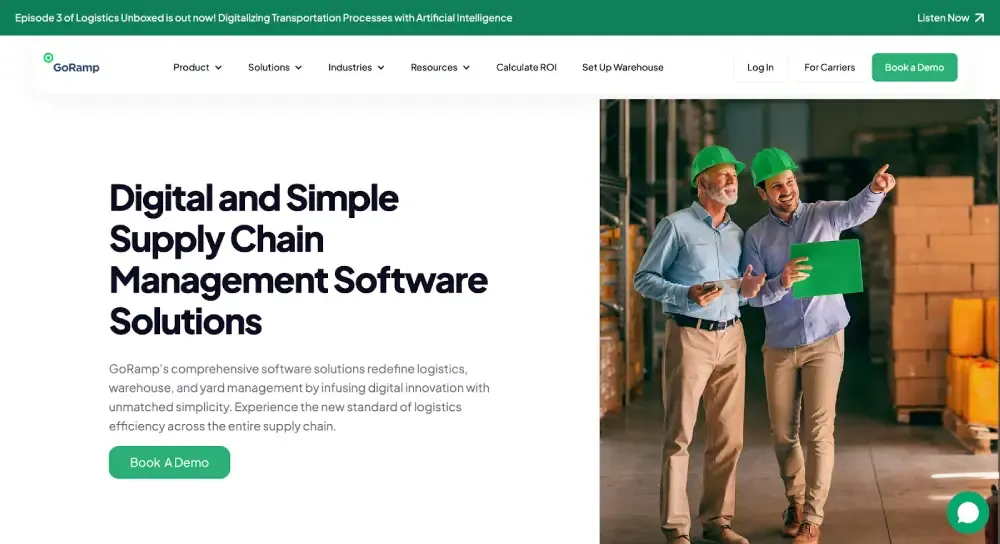 GoRamp supply chain management software homepage with warehouse workers discussing digital logistics solutions