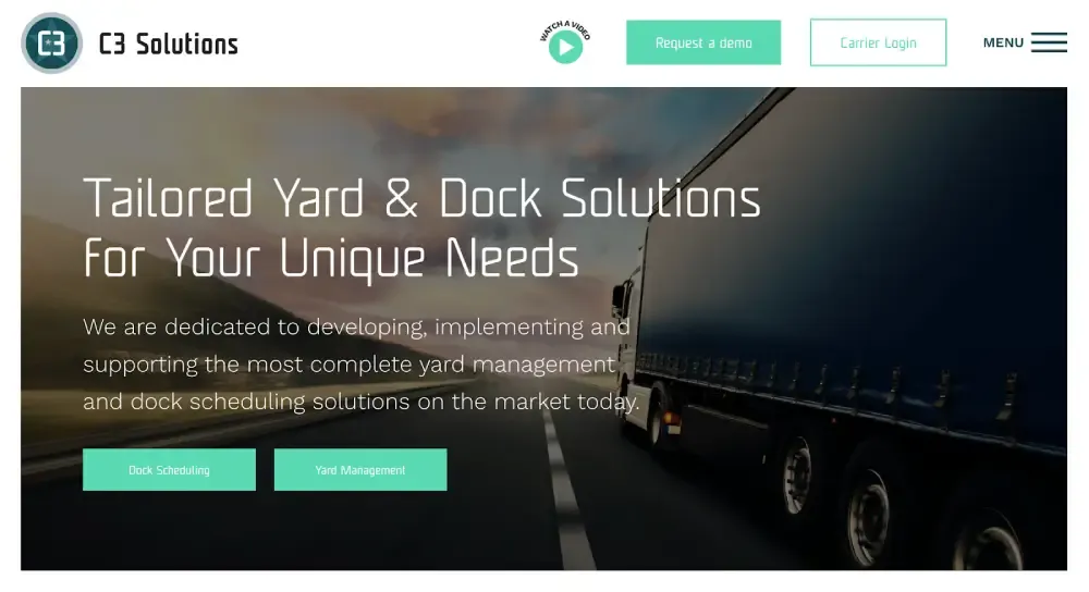 C3 Solutions homepage featuring tailored yard and dock management solutions with a semi-truck driving on a highway