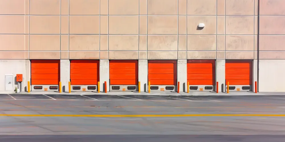 Row of bright orange loading dock doors at a large-scale distribution center for freight and logistics operations