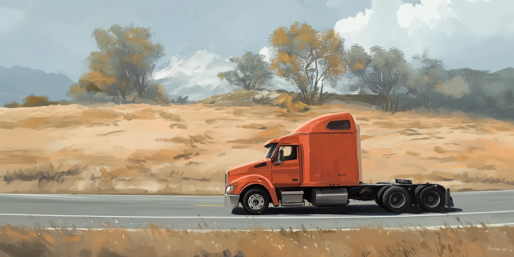 Orange semi-truck cab driving along a highway in a desert landscape, without a trailer