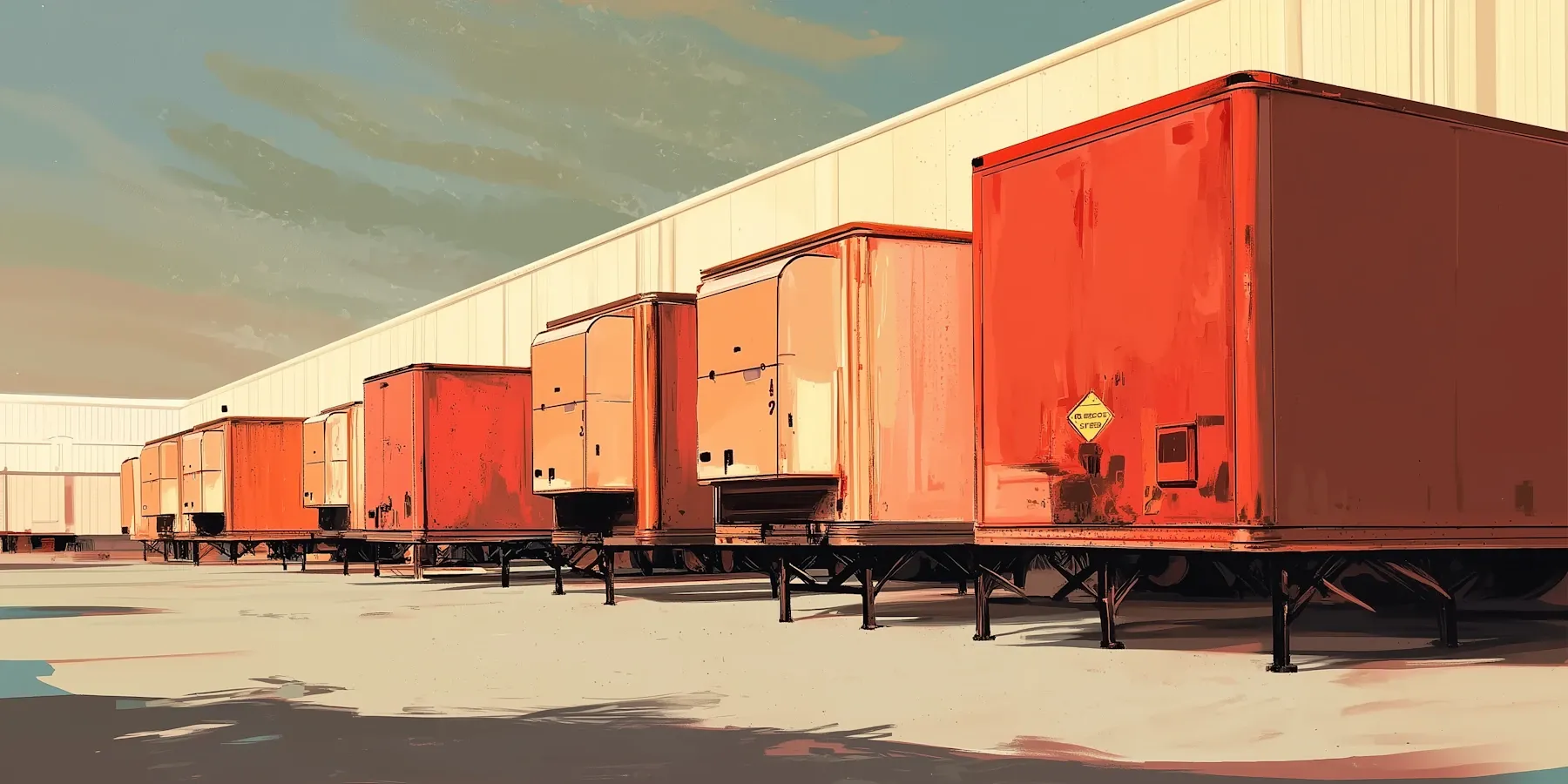 Row of orange freight trailers lined up at a warehouse loading dock under a blue sky