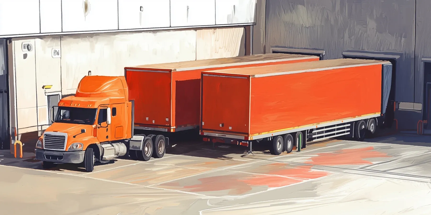 Orange semi-truck cab parked between two freight trailers at a distribution center loading dock