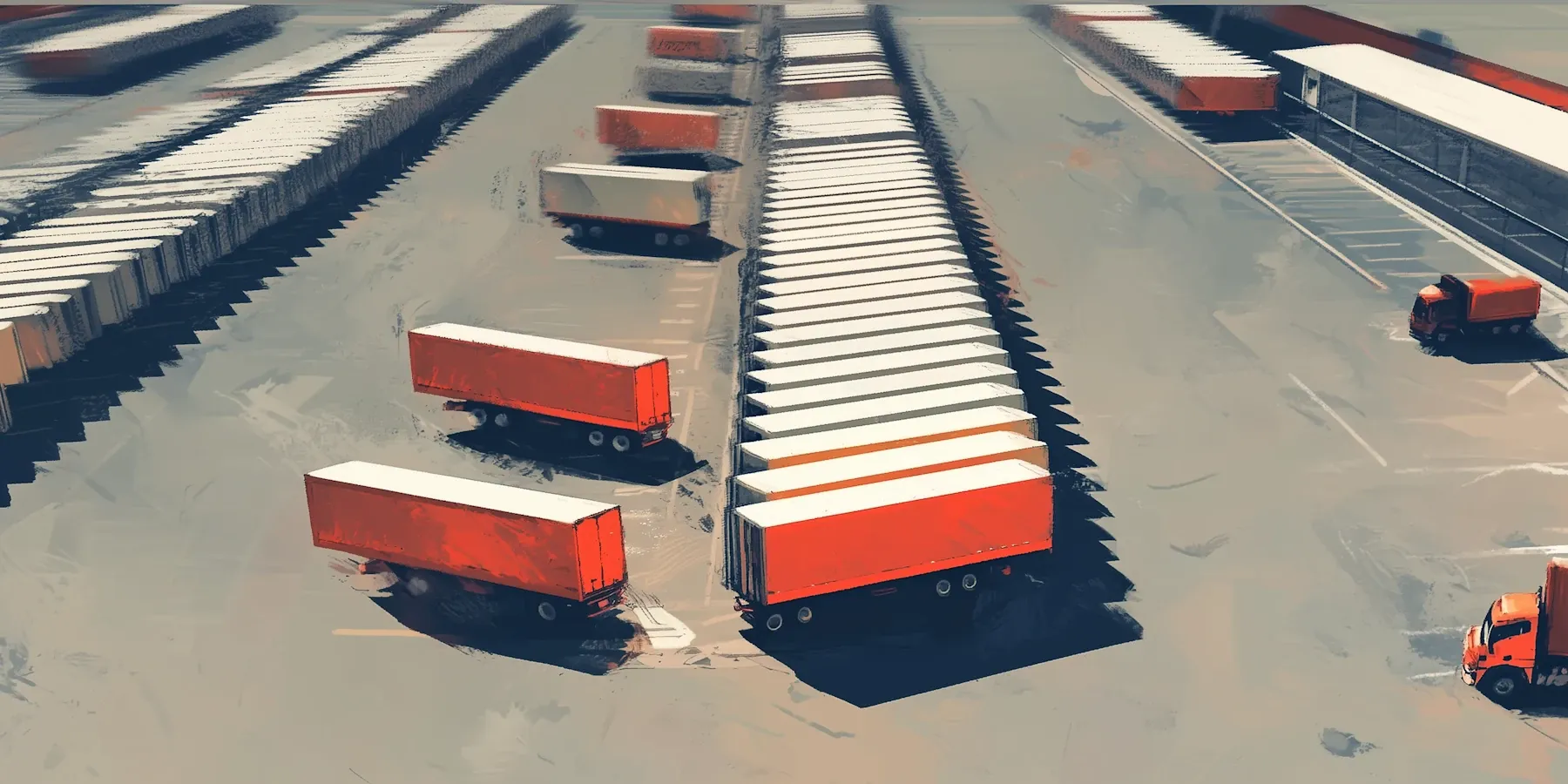 Aerial view of a large truck yard filled with rows of orange and white freight trailers