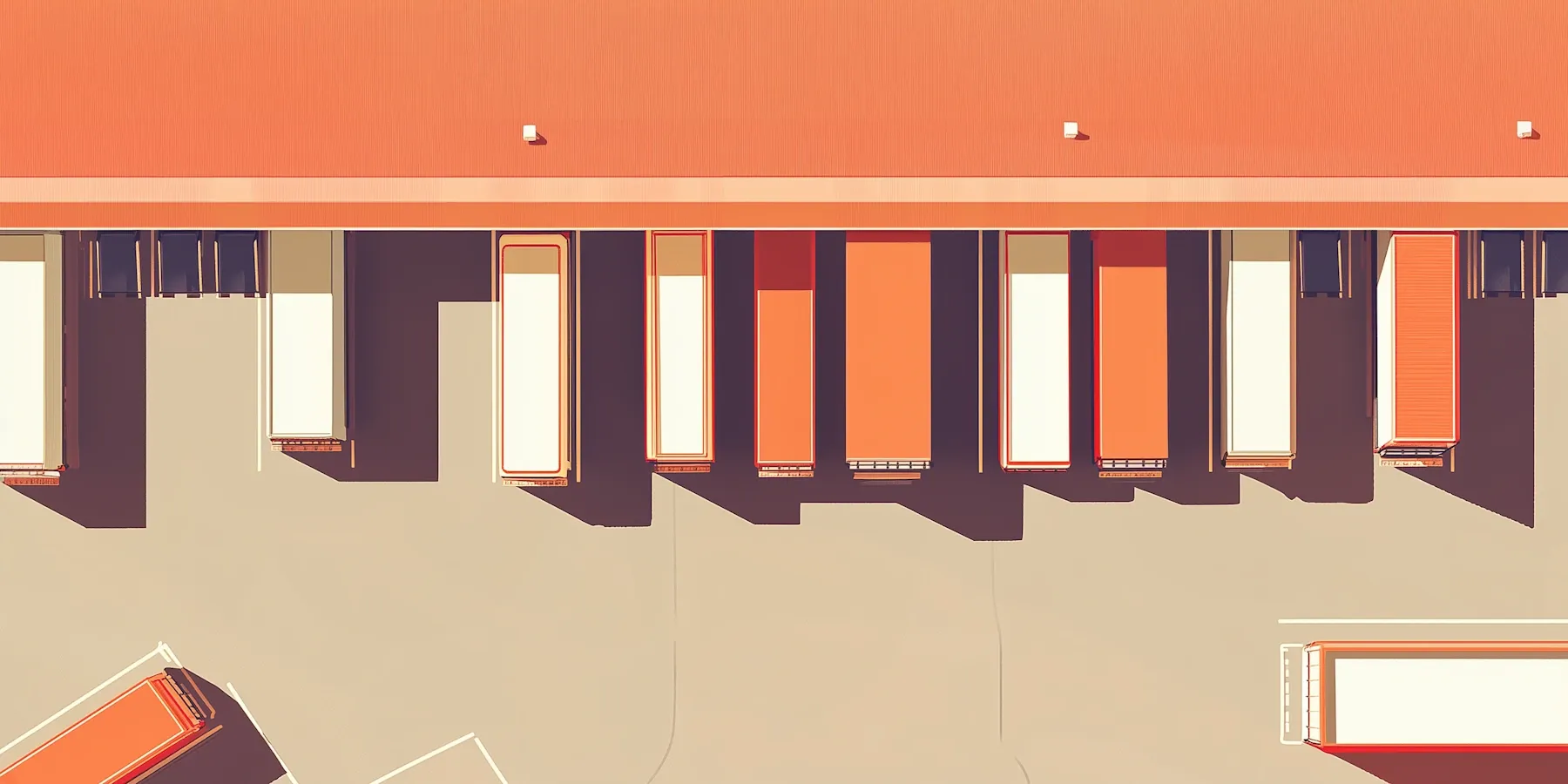 Top-down view of freight trailers backed into a loading dock at a logistics facility