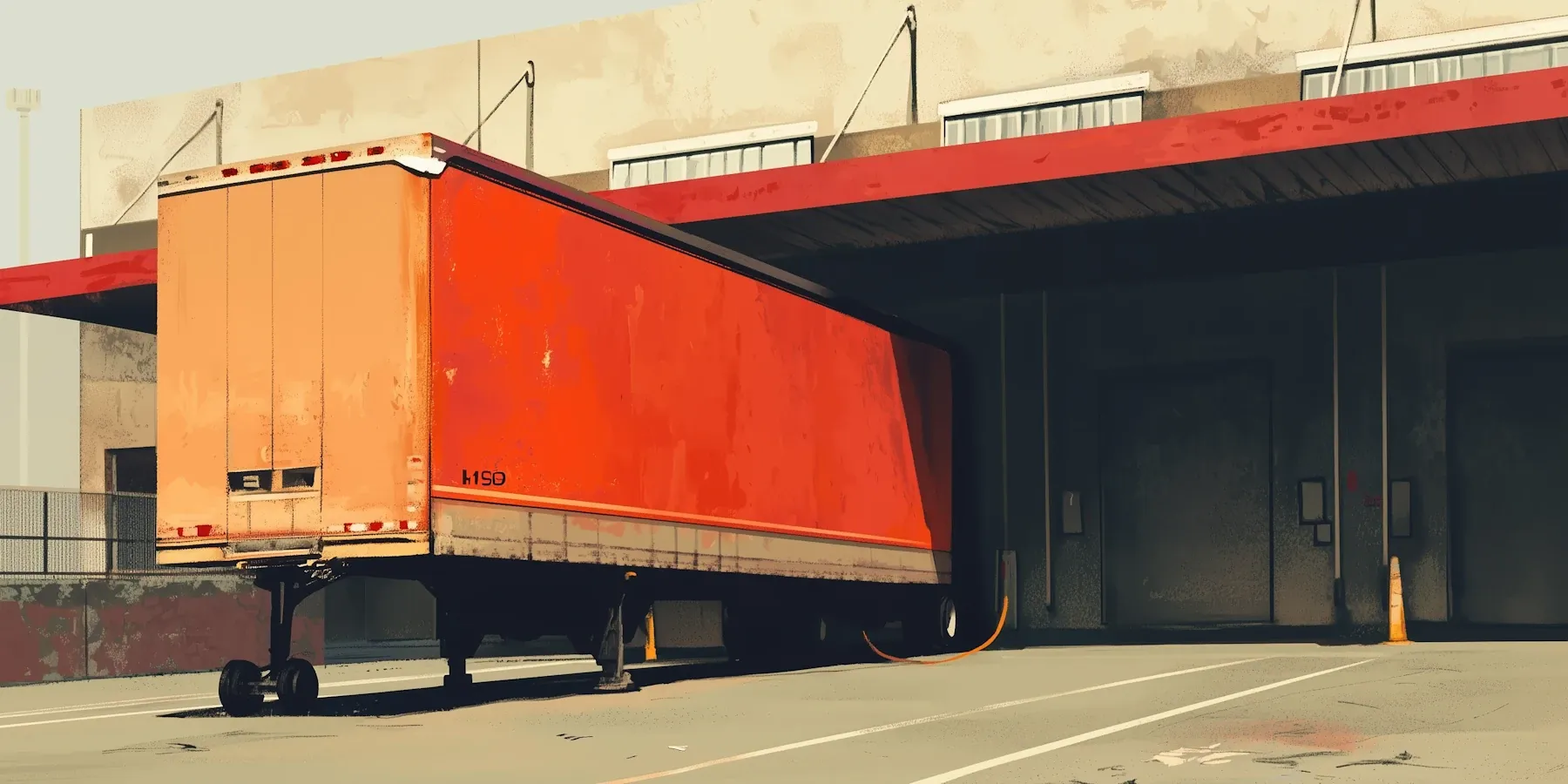 Empty orange semi-trailer backed up to a warehouse loading dock, detached from its truck cab