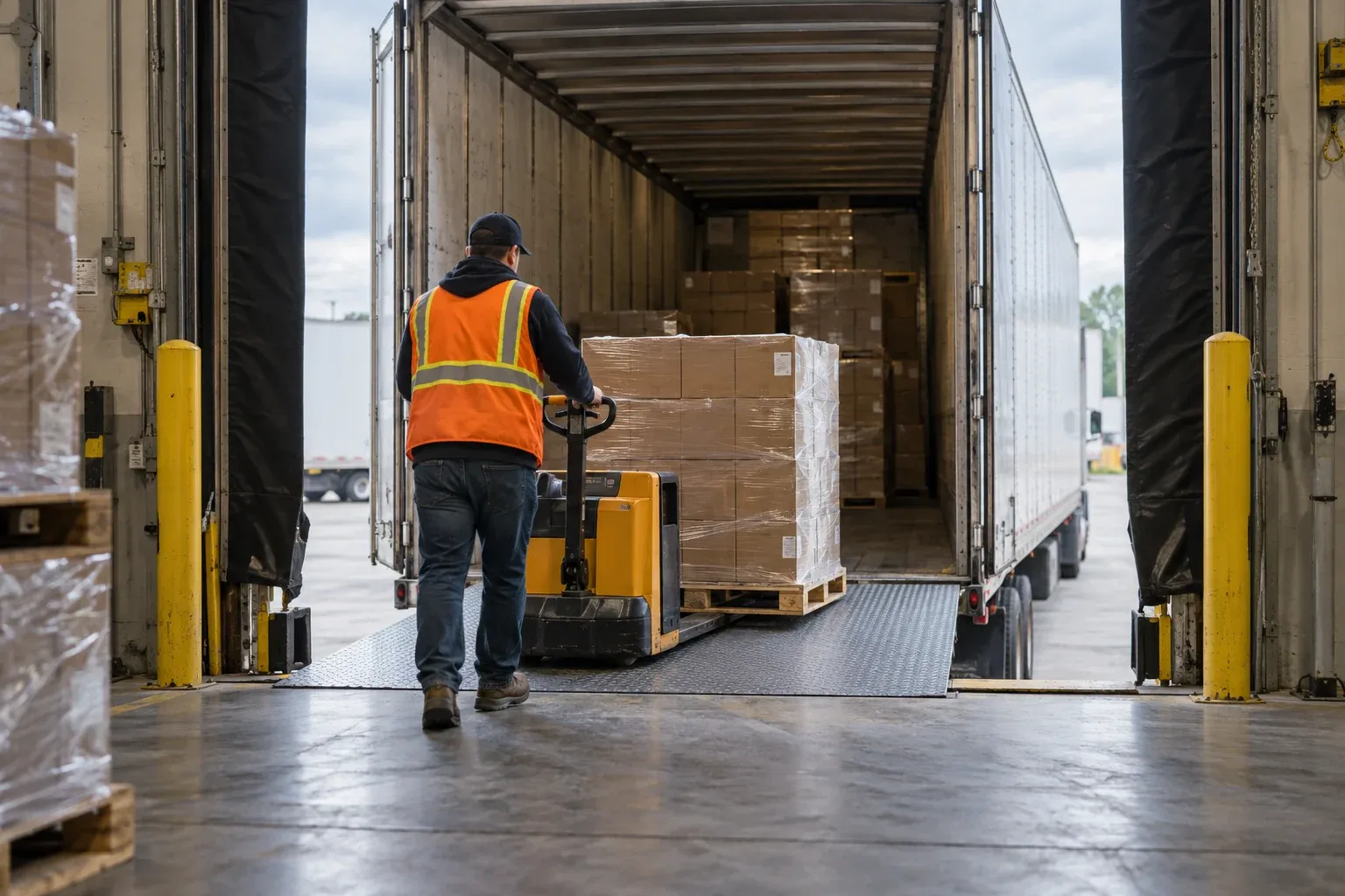 A warehouse receiver moving a pallet of cartons across a dock leveler with a powered pallet jack.