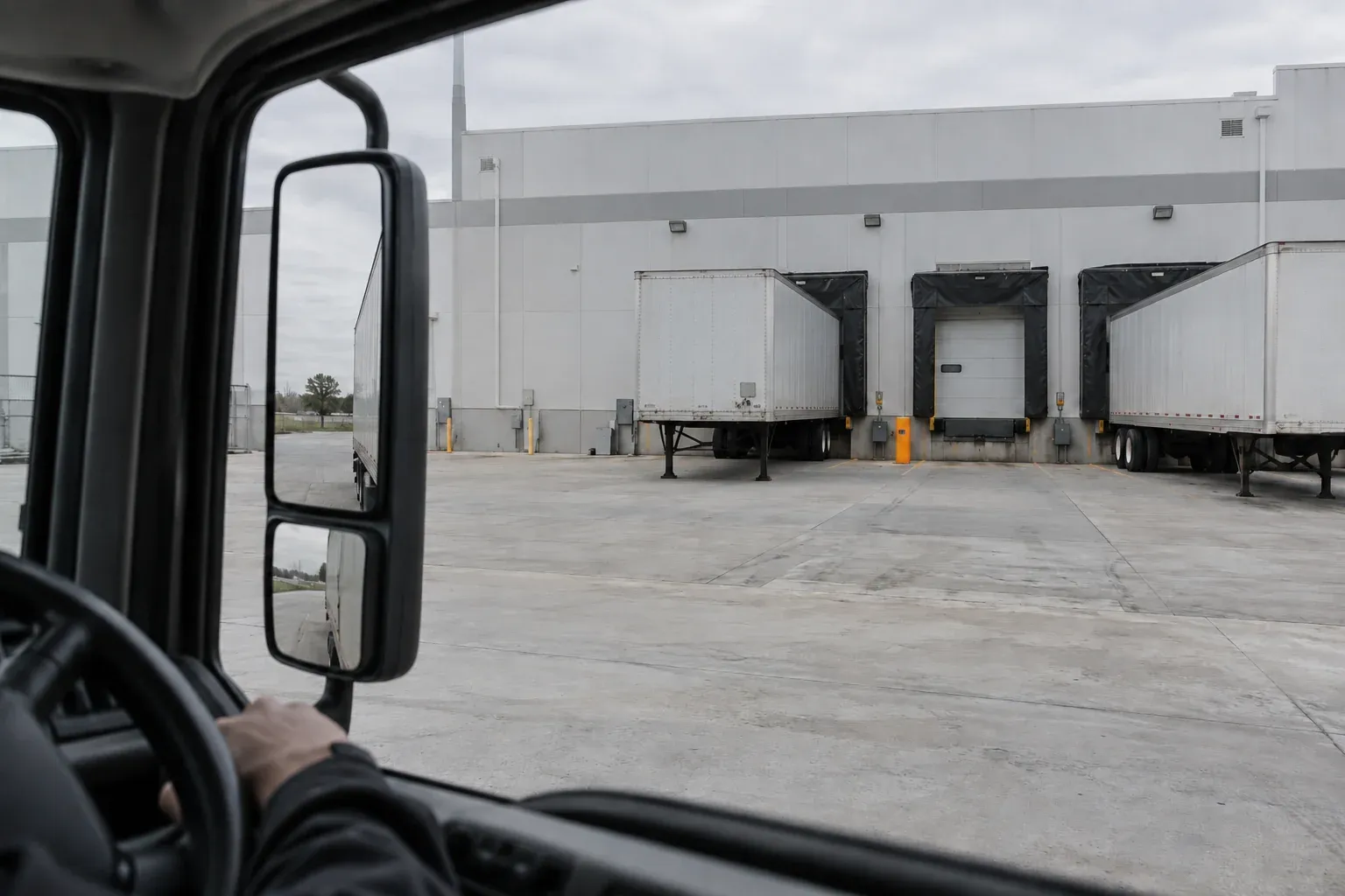 View from a parked truck cab toward warehouse dock doors and trailers, with the driver’s hand resting by the window.