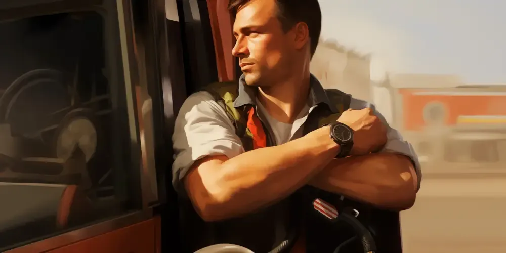 Young male trucker resting with arms crossed, looking thoughtfully out of a truck window on a sunny day