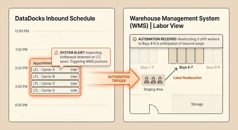 Inbound schedule dashboard showing LTL bottleneck alert triggering WMS automation to reallocate labor to bays 4–7.