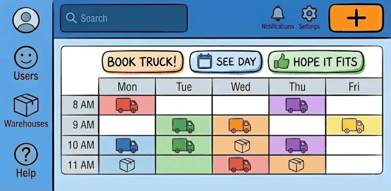 User interface of a truck booking calendar showing color-coded truck and package schedules from Monday to Friday, with options to book, view by day, and check fit.