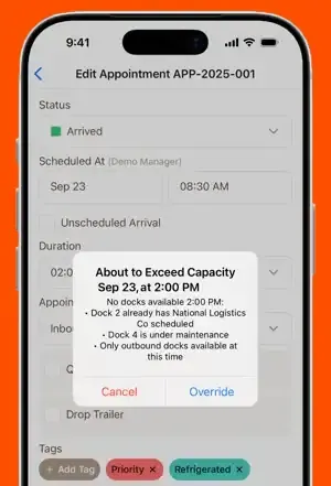 Mobile app appointment edit screen with capacity warning popup and Cancel or Override options.
