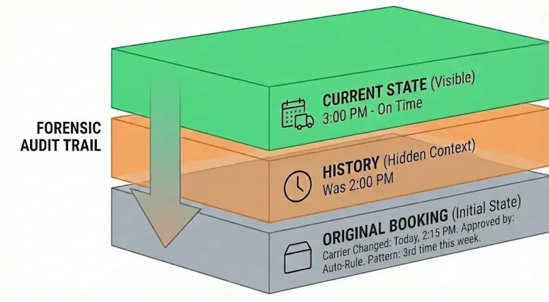 Layered diagram labeled Forensic Audit Trail showing Current State, History, and Original Booking.