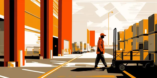 Illustration of a warehouse worker beside pallets and a loading door.