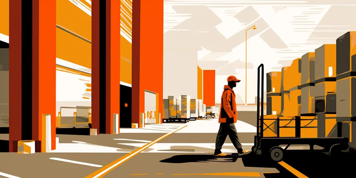 Fulfillment warehouse loading docks with staff, pallet jack, and stacked cartons — supply chain logistics scene.