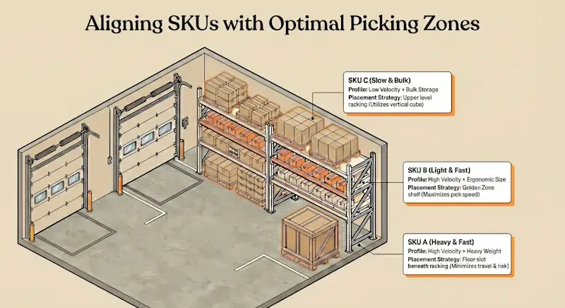 Warehouse picking zone layout illustrating SKU alignment strategy with heavy fast items on floor level, light fast items in golden zone shelving, and slow bulk SKUs stored in upper-level racking to optimize efficiency.