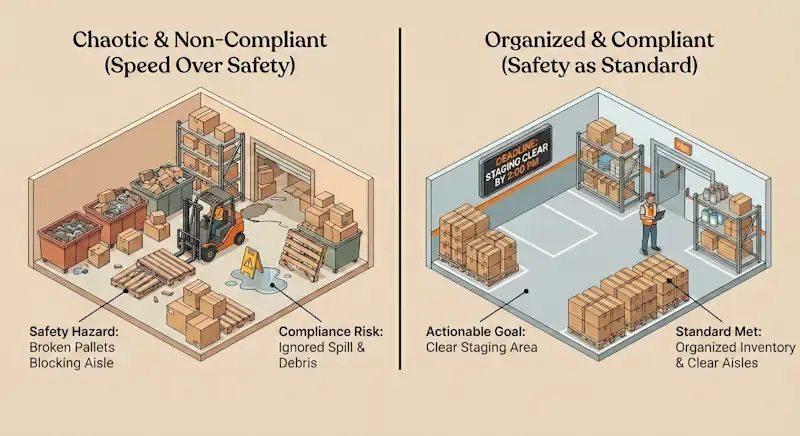 Warehouse comparison showing unsafe, cluttered aisles with spill hazards versus organized, compliant layout with clear staging and safe pathways.