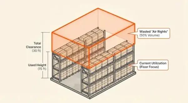Diagram showing under-utilized vertical space in warehouse racking