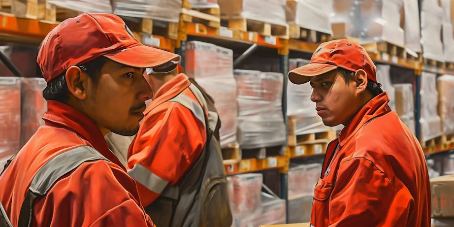 Two warehouse workers in orange uniforms and caps engaged in a serious conversation on the warehouse floor surrounded by stacked pallets.