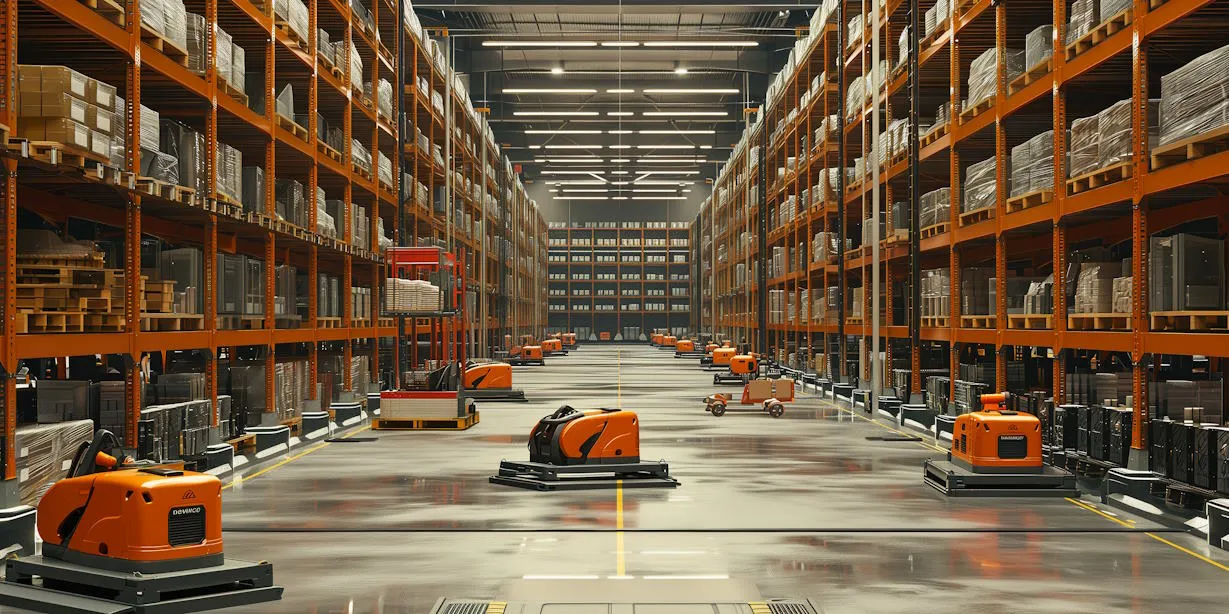 Interior of a modern automated warehouse featuring organized shelves, robotic equipment, and bright lighting for efficient inventory management.
