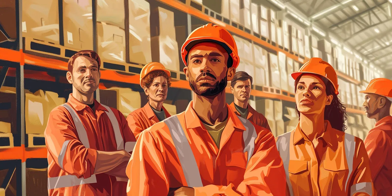 Team of warehouse workers in orange safety uniforms and helmets standing confidently in a warehouse setting