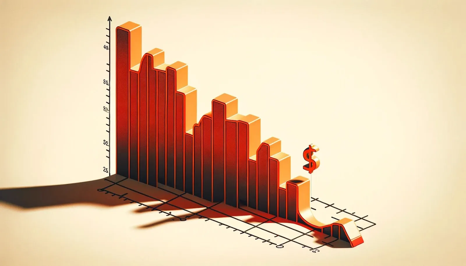 3D-style financial bar graph showing a sharp downward trend with a dollar symbol, symbolizing declining profits or revenue loss