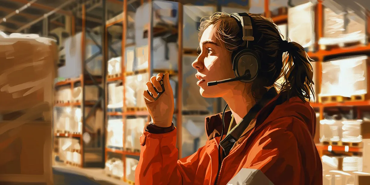Warehouse worker wearing a red jacket and headset, communicating via walkie-talkie while standing in front of stacked shelves