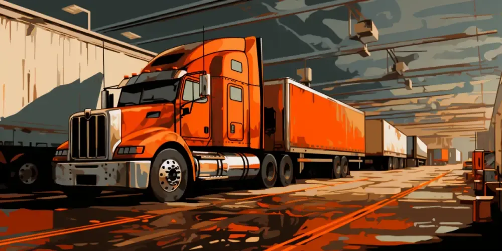 Orange semi-truck parked inside an industrial loading dock with trailers lined up for freight shipping