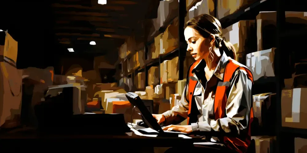 Warehouse worker wearing an orange safety vest using a laptop in a stockroom filled with packages