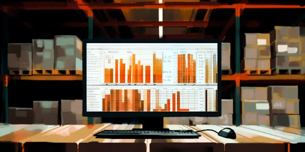 Computer monitor displaying logistics and inventory charts in a warehouse with shelves stocked with boxes