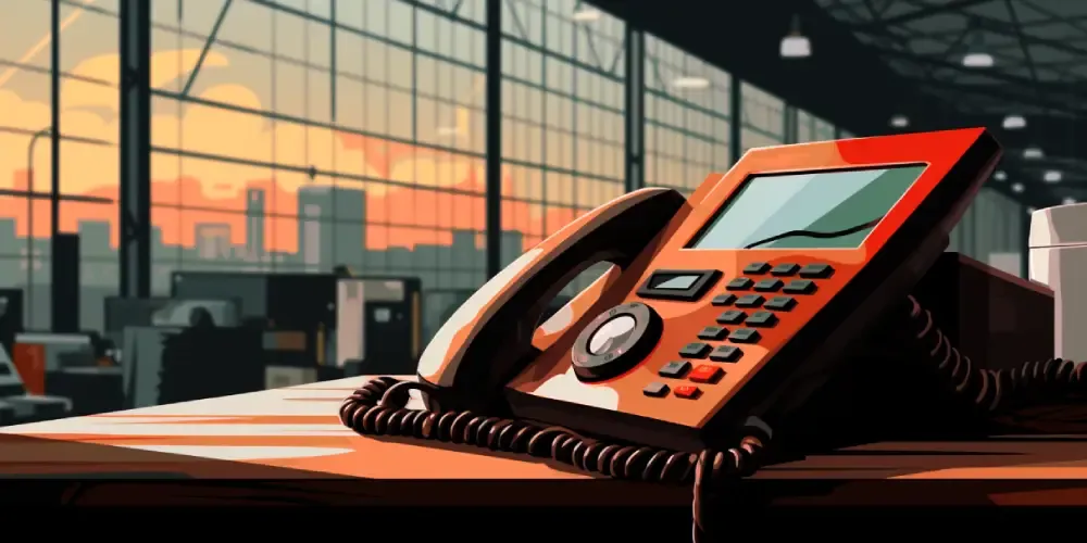 Modern office phone on a desk in a warehouse office with city skyline visible through large windows