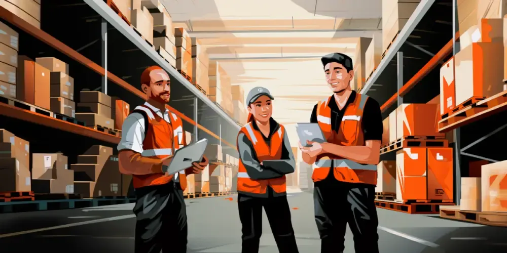 Group of warehouse staff wearing safety vests discussing logistics with tablets in a storage aisle