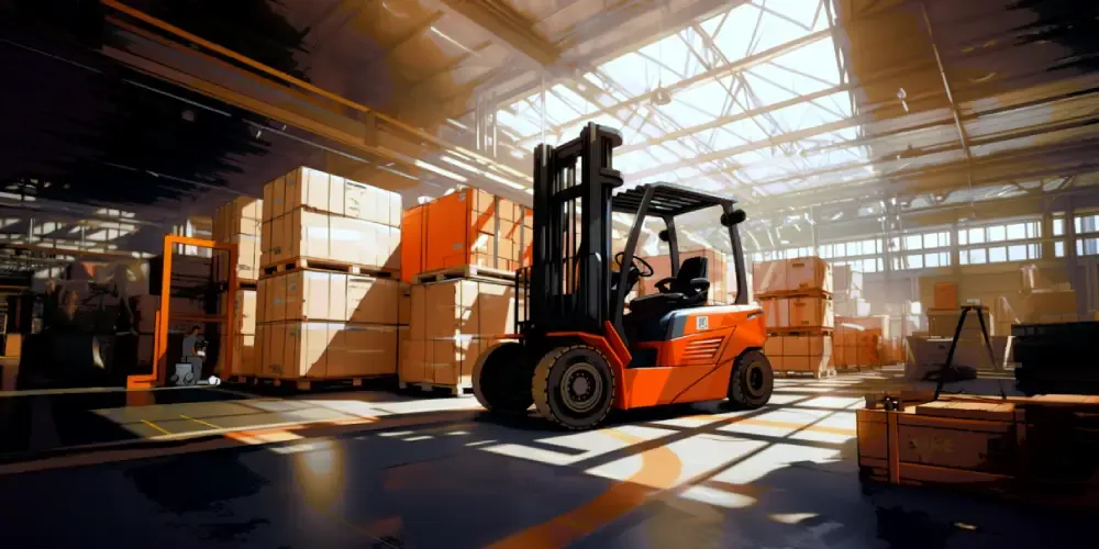 Red forklift operating inside a brightly lit warehouse surrounded by stacked cardboard boxes and pallets