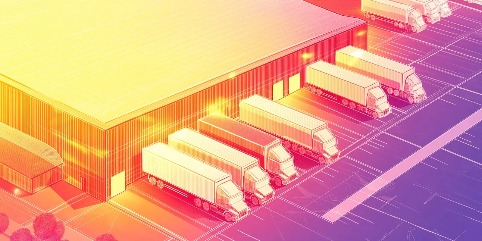 Illustration: Virtual Warehouse Exterior, with Trucks Lined Up Outside Loading Dock. Logistics Digital Twin.