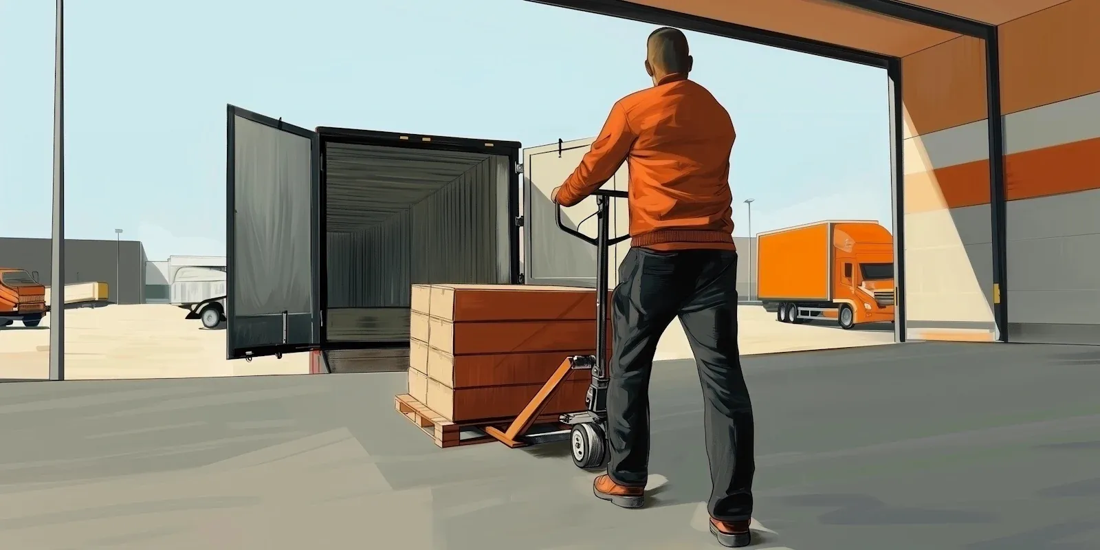 AI-generated illustration of a man unloading a truck with a pallet jack