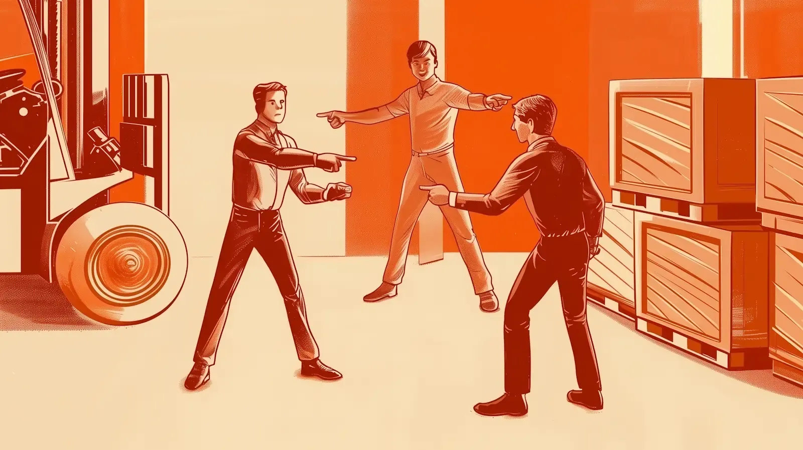 An AI-generated illustration of different logistics stakeholders pointing at eachother to pass the blame, composed like the Spiderman meme.